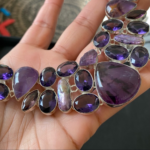 Charoite Necklace with Faceted Amethyst, Charoite and Biwa Pearl Bib Necklace - Picture 2 of 16